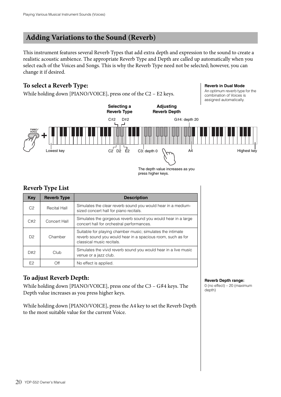 Adding variations to the sound (reverb), Reverb type list to adjust reverb depth | Yamaha YDP-S52 User Manual | Page 20 / 40