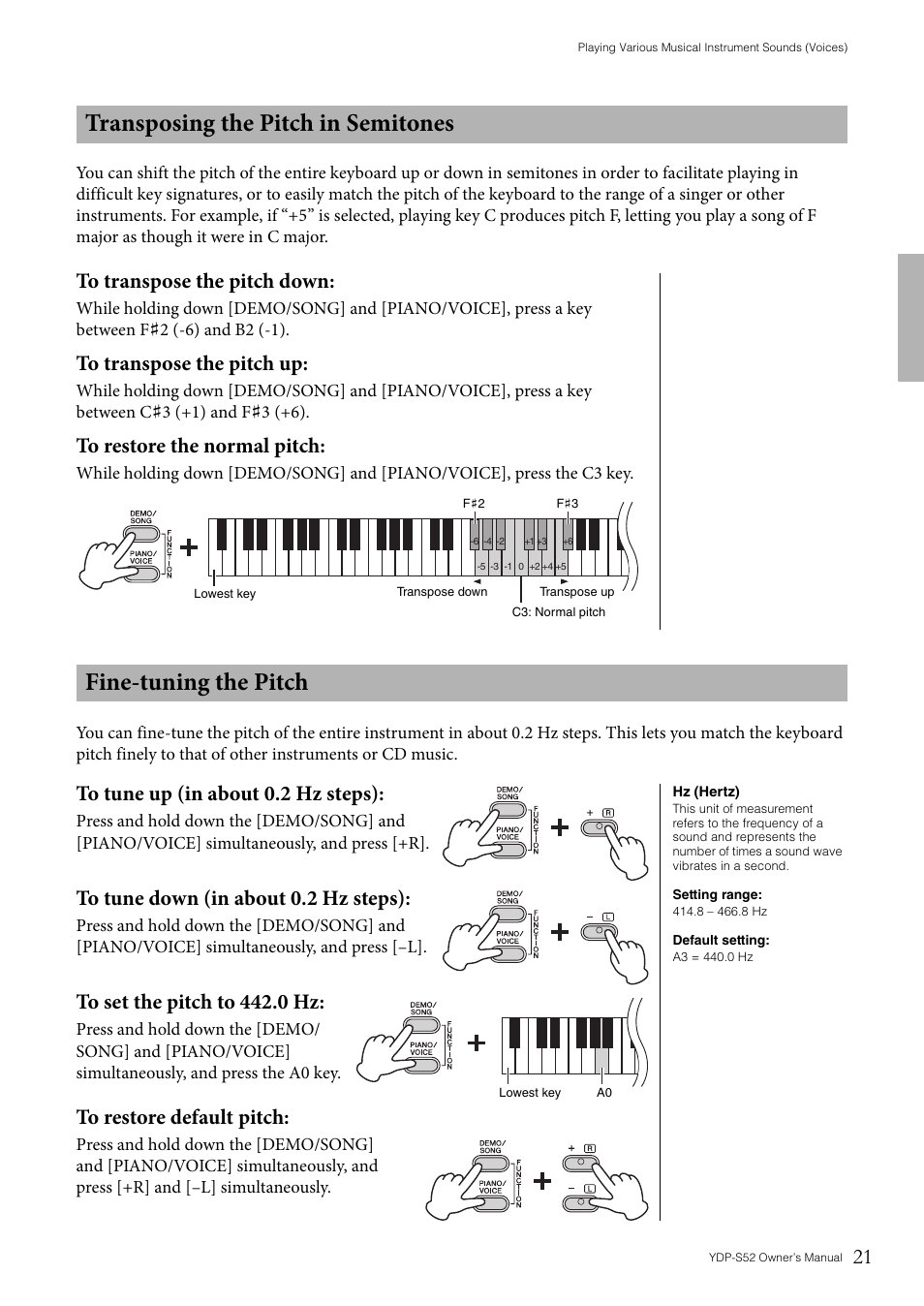 Transposing the pitch in semitones, Fine-tuning the pitch | Yamaha YDP-S52 User Manual | Page 21 / 40