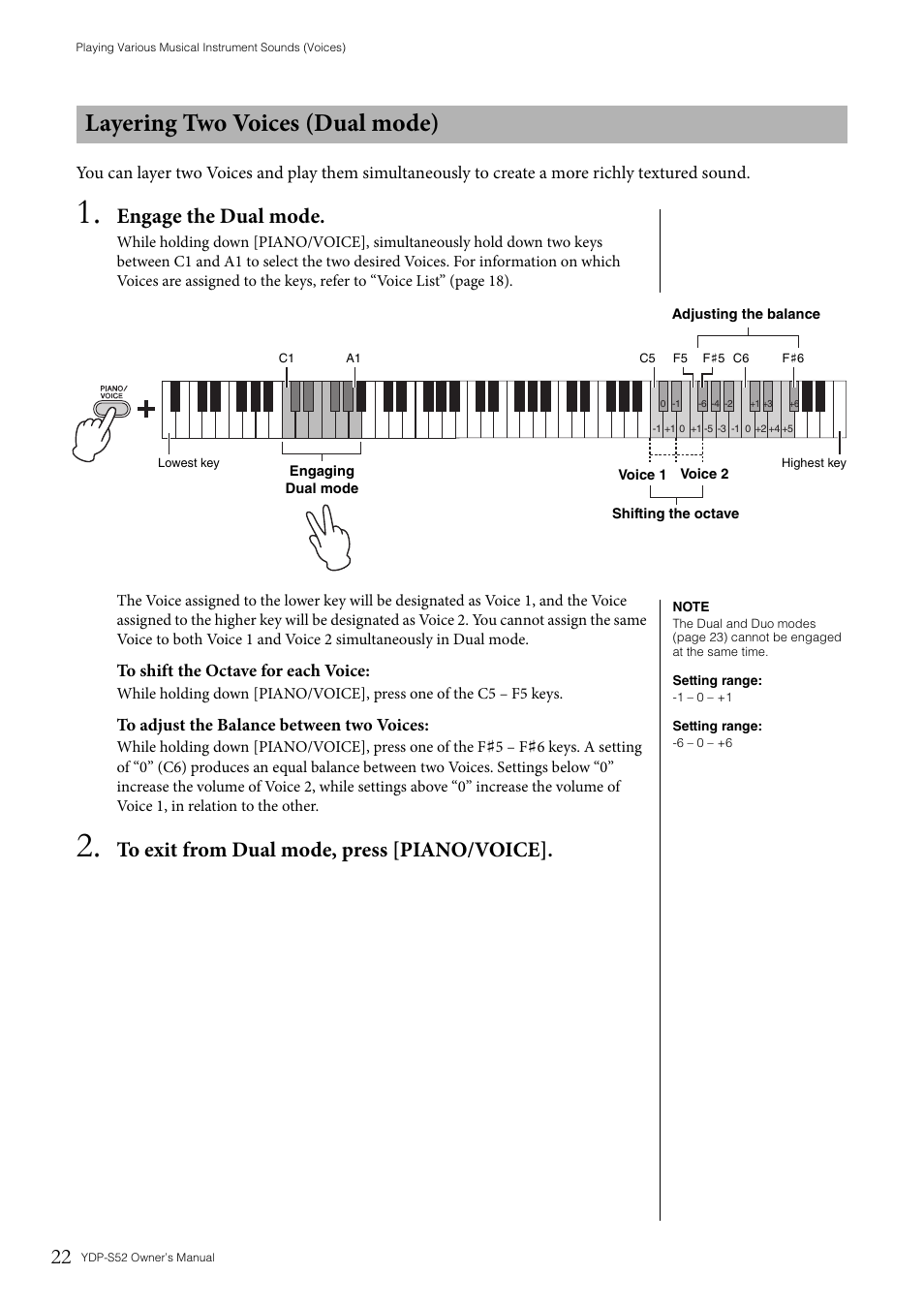 Layering two voices (dual mode), Engage the dual mode | Yamaha YDP-S52 User Manual | Page 22 / 40