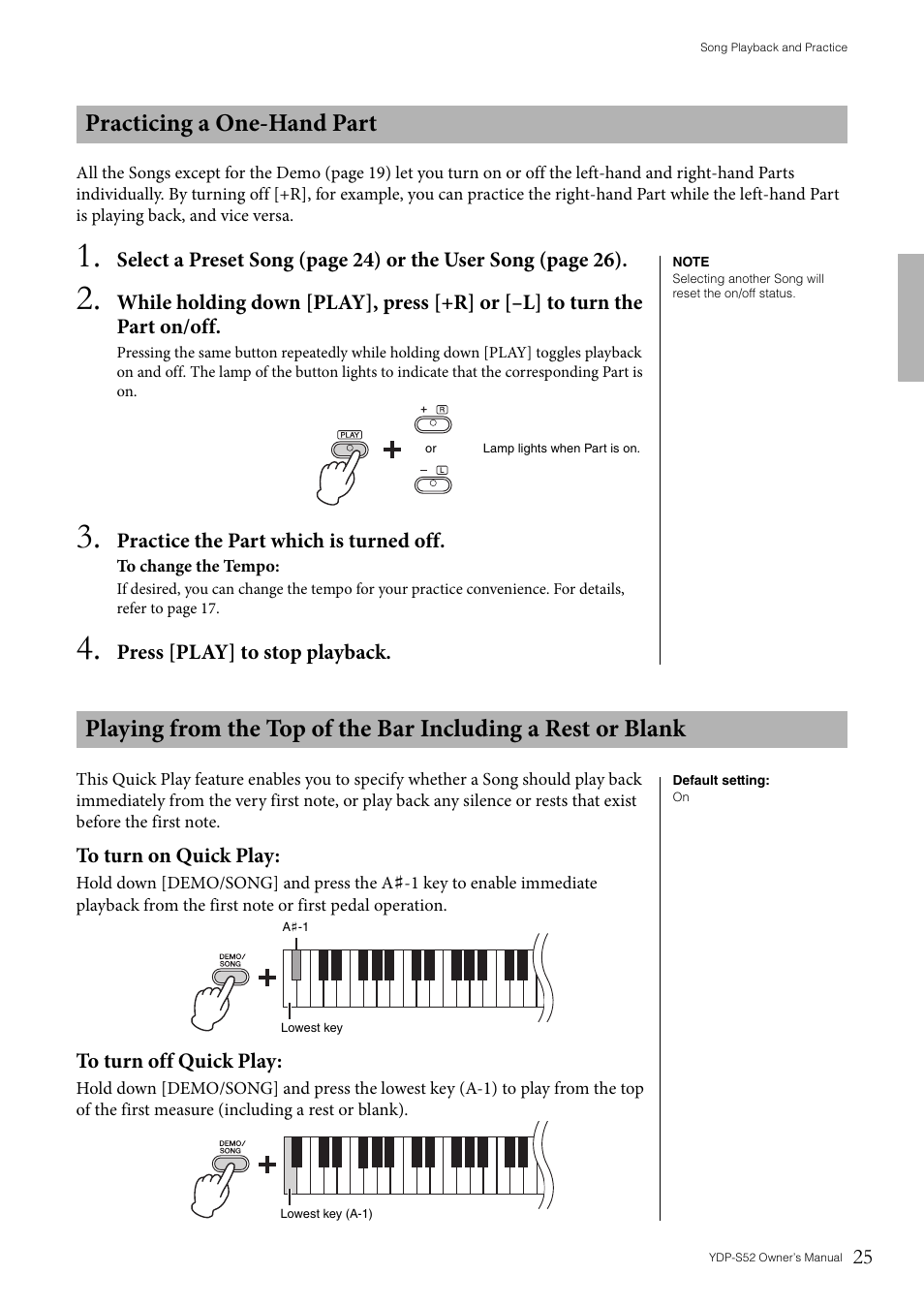 Practicing a one-hand part | Yamaha YDP-S52 User Manual | Page 25 / 40