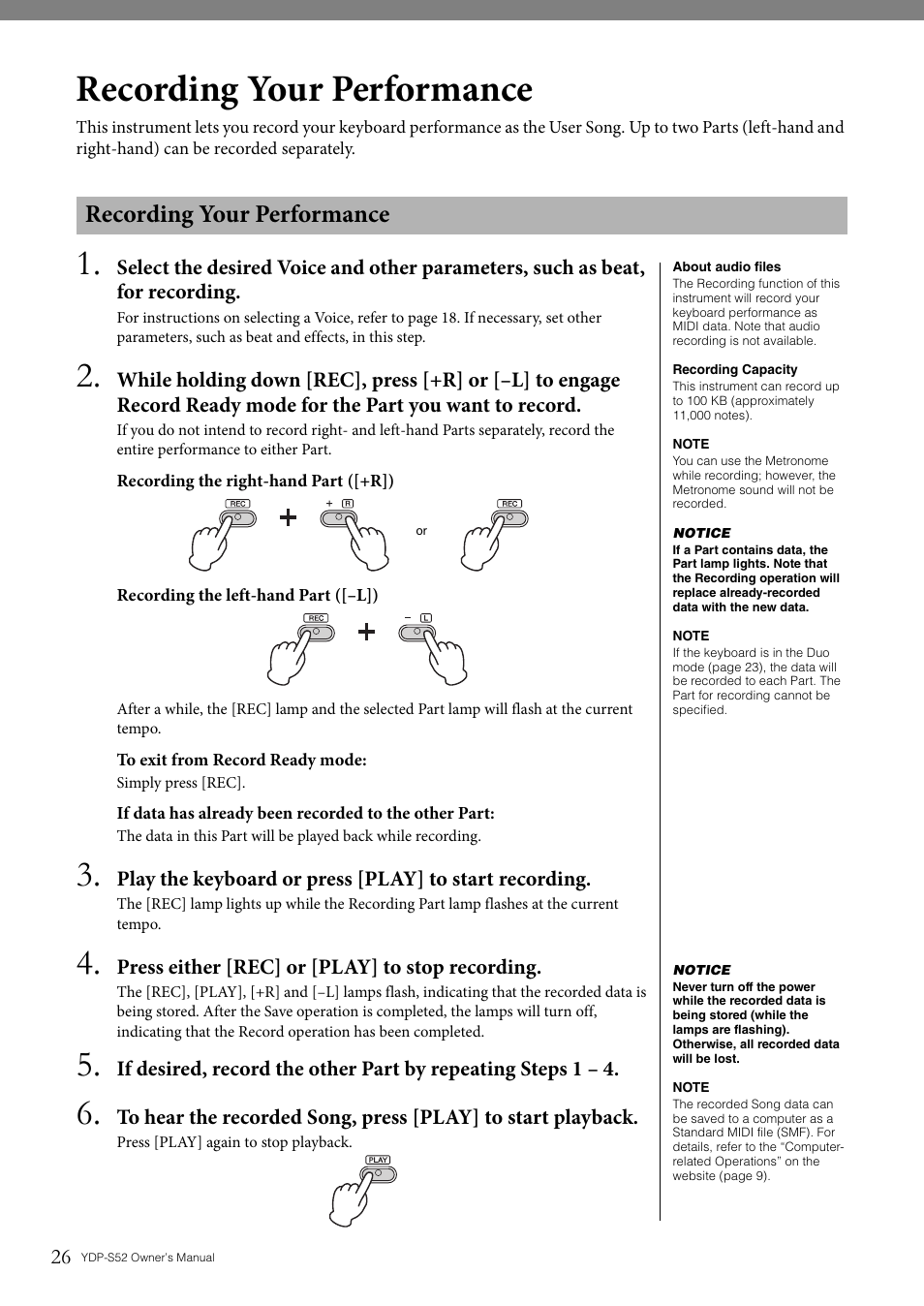 Recording your performance | Yamaha YDP-S52 User Manual | Page 26 / 40