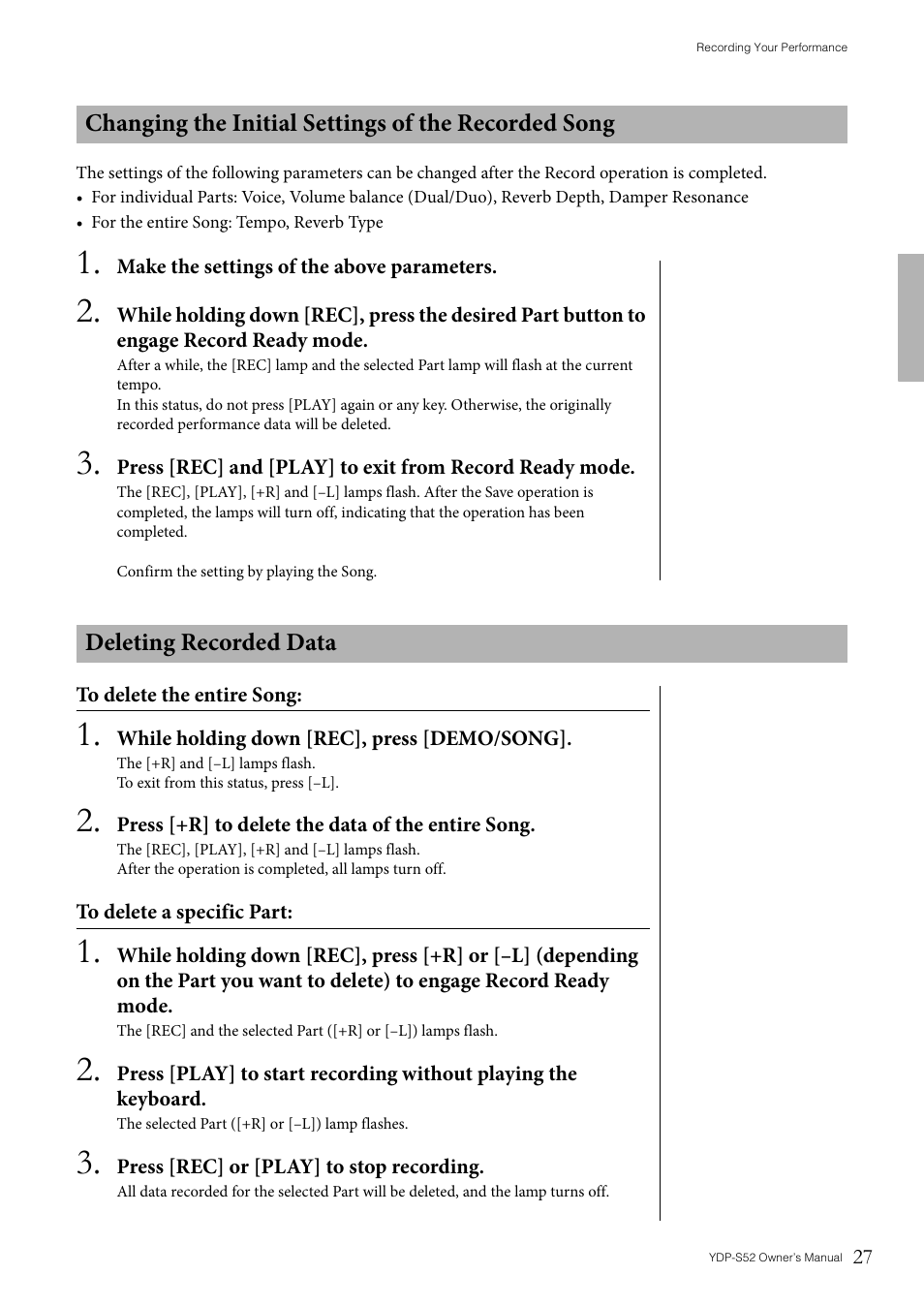 Changing the initial settings of the recorded song, Deleting recorded data | Yamaha YDP-S52 User Manual | Page 27 / 40