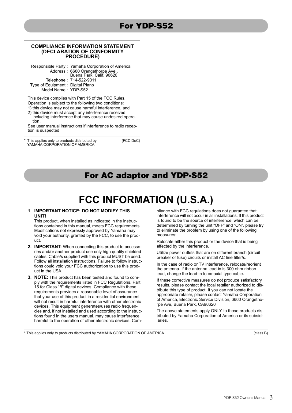 Fcc information (u.s.a.), For ydp-s52 for ac adaptor and ydp-s52 | Yamaha YDP-S52 User Manual | Page 3 / 40