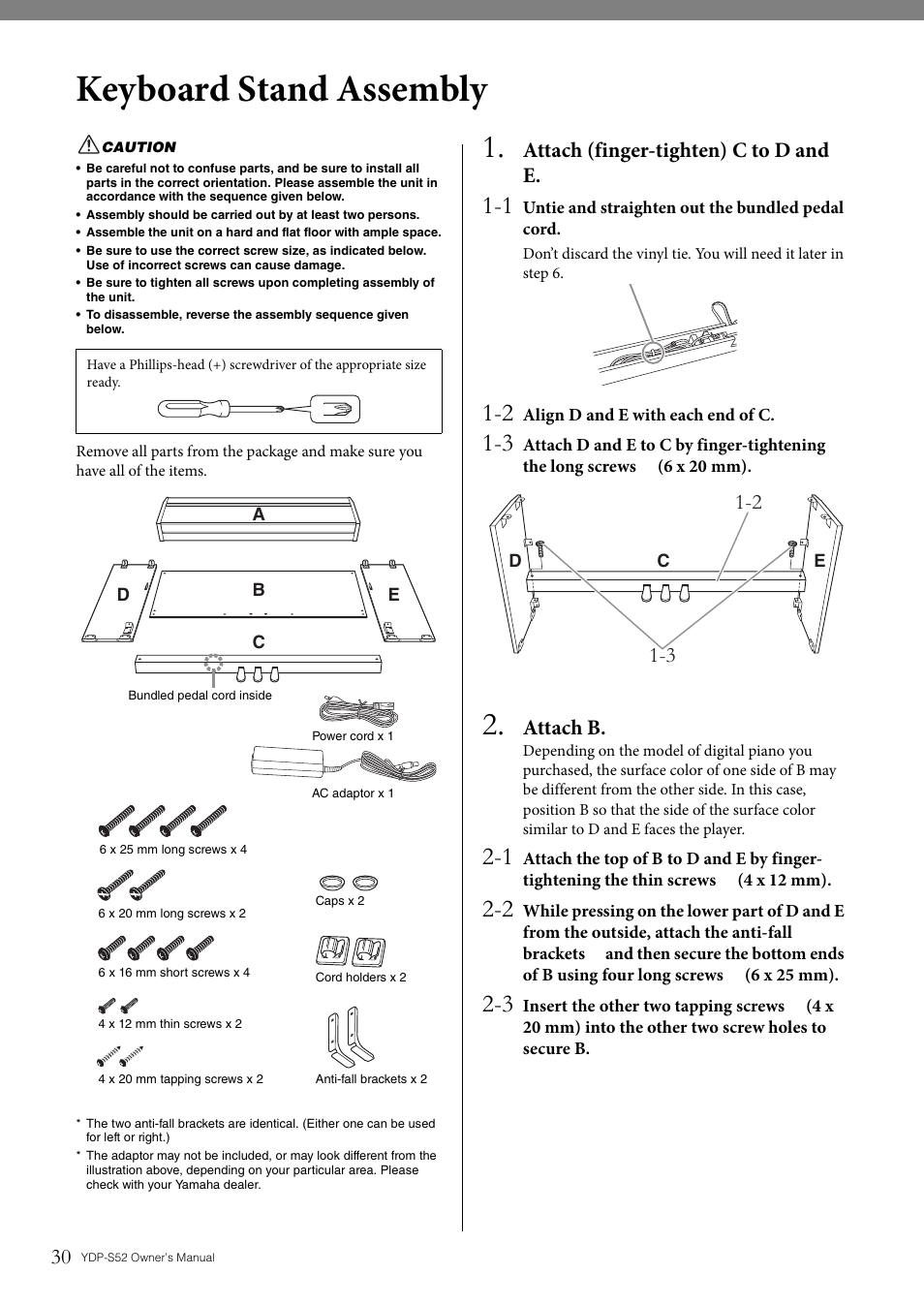 Keyboard stand assembly, Attach (finger-tighten) c to d and e, Attach b | Yamaha YDP-S52 User Manual | Page 30 / 40