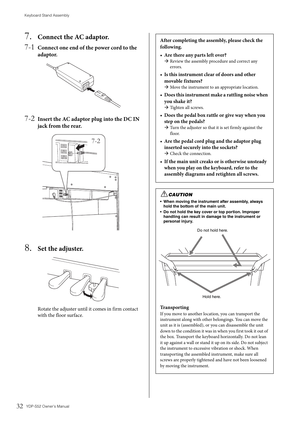 Connect the ac adaptor, Set the adjuster | Yamaha YDP-S52 User Manual | Page 32 / 40