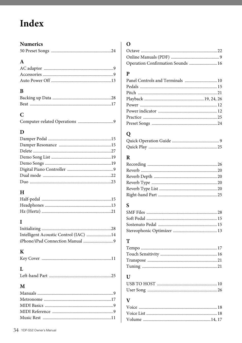 Index | Yamaha YDP-S52 User Manual | Page 34 / 40