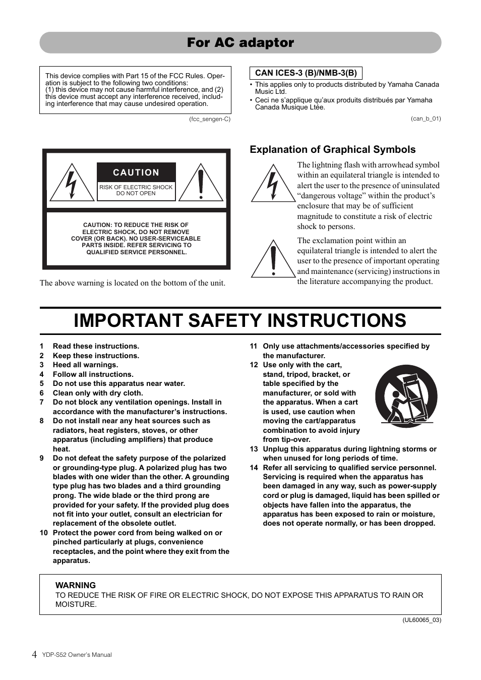 Important safety instructions, For ac adaptor, Explanation of graphical symbols | Yamaha YDP-S52 User Manual | Page 4 / 40