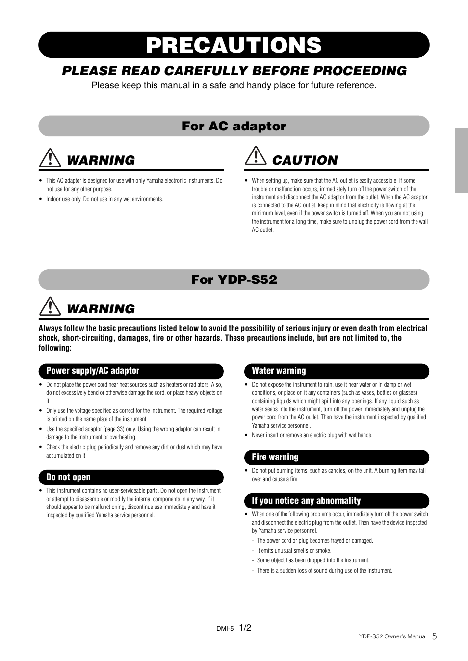 Precautions, Please read carefully before proceeding, Warning | Caution, For ac adaptor for ydp-s52 | Yamaha YDP-S52 User Manual | Page 5 / 40