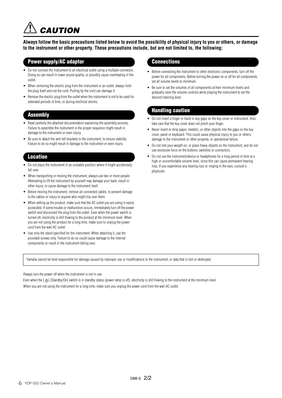Caution | Yamaha YDP-S52 User Manual | Page 6 / 40
