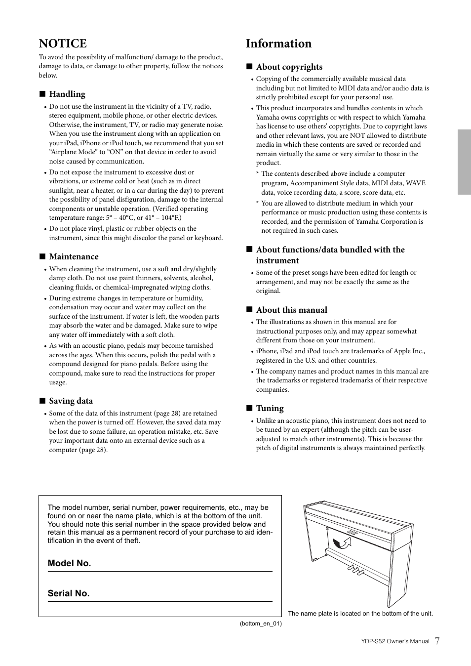 Notice, Information | Yamaha YDP-S52 User Manual | Page 7 / 40