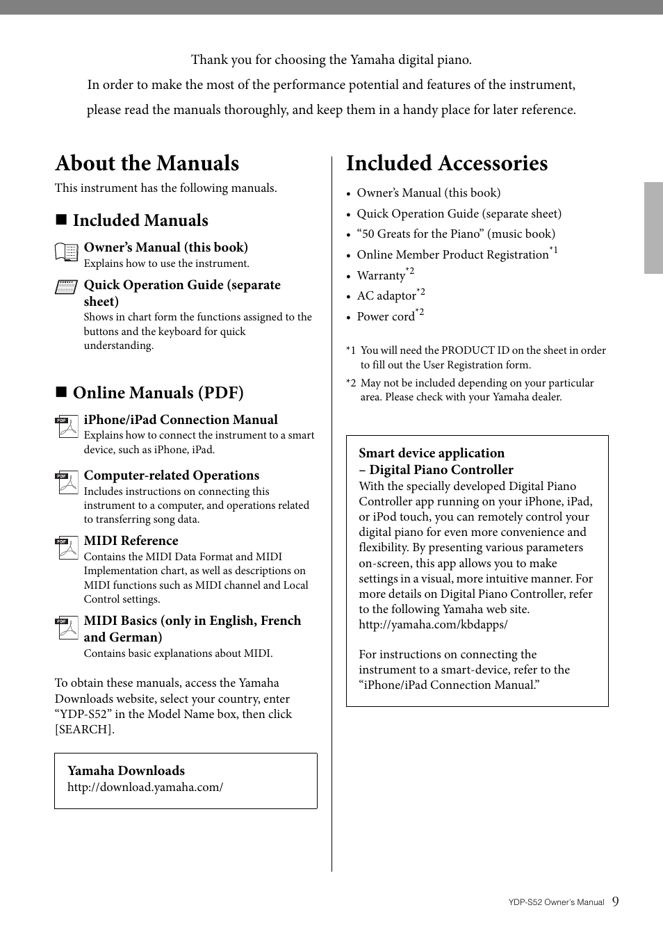 About the manuals, Included accessories, Included manuals | Online manuals (pdf) | Yamaha YDP-S52 User Manual | Page 9 / 40