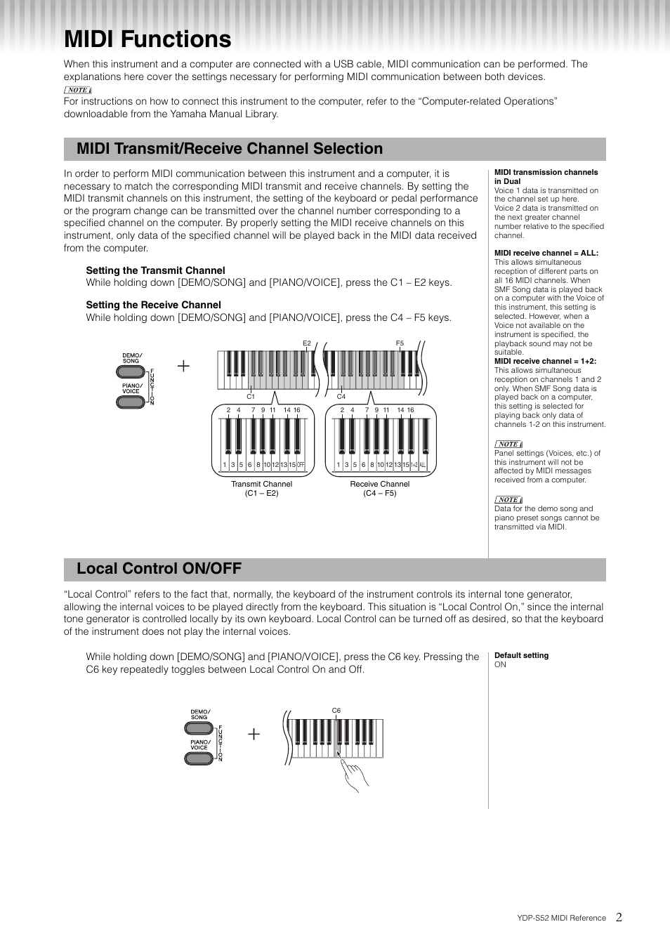 Midi functions, Midi transmit/receive channel selection, Local control on/off | Yamaha YDP-S52 User Manual | Page 2 / 8