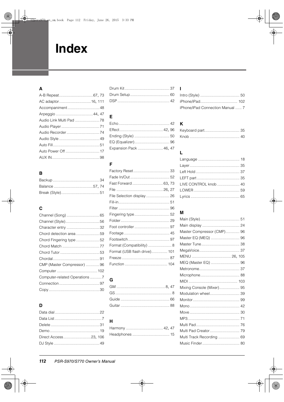 Index | Yamaha PSR-S770 User Manual | Page 112 / 118