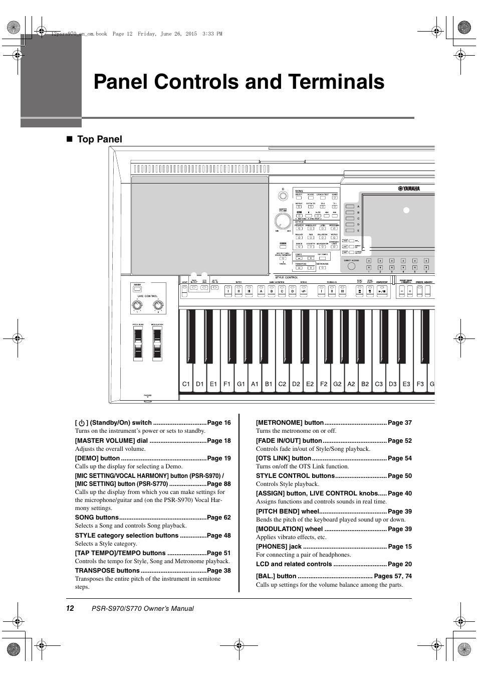 Panel controls and terminals, Top panel | Yamaha PSR-S770 User Manual | Page 12 / 118