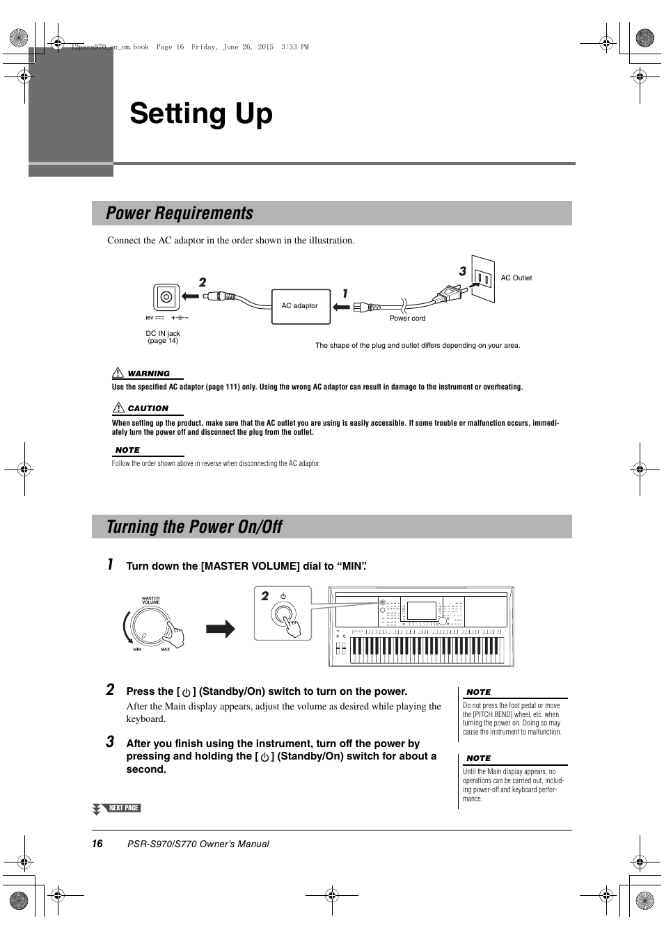 Setting up, Power requirements, Turning the power on/off | Power requirements turning the power on/off | Yamaha PSR-S770 User Manual | Page 16 / 118