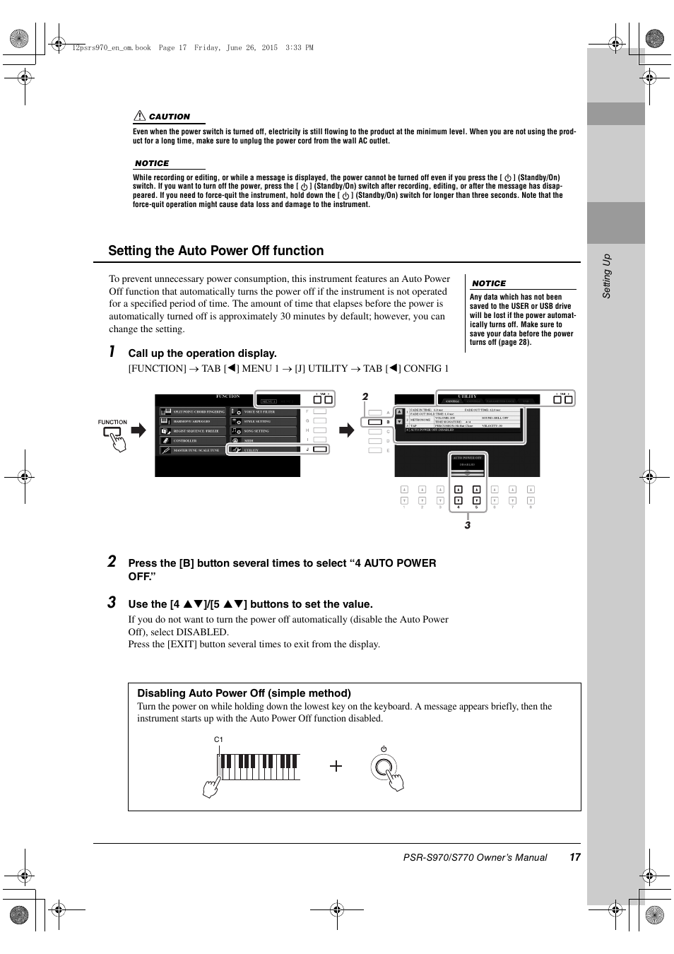 Setting the auto power off function | Yamaha PSR-S770 User Manual | Page 17 / 118