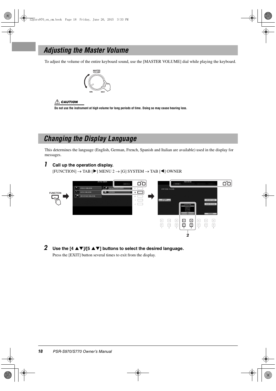 Adjusting the master volume, Changing the display language | Yamaha PSR-S770 User Manual | Page 18 / 118