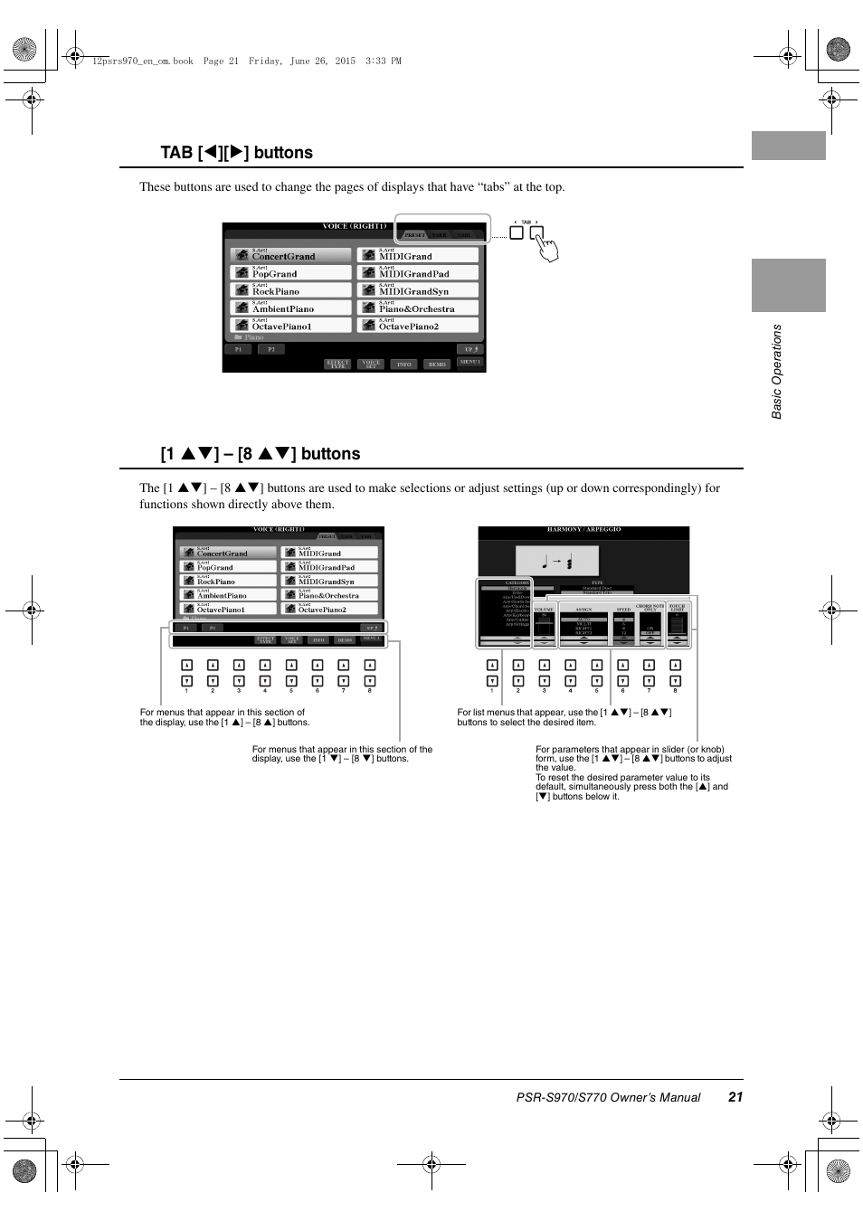 Tab [ e ][ f ] buttons [1  ] – [8  ] buttons | Yamaha PSR-S770 User Manual | Page 21 / 118