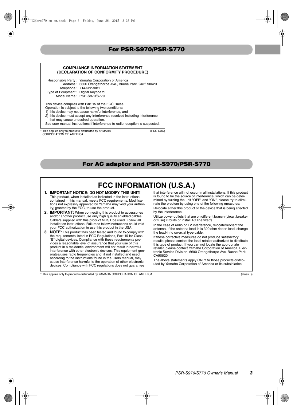Fcc information (u.s.a.) | Yamaha PSR-S770 User Manual | Page 3 / 118