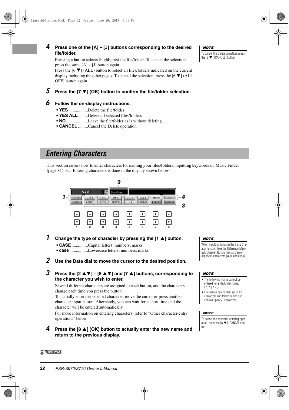 Entering characters | Yamaha PSR-S770 User Manual | Page 32 / 118