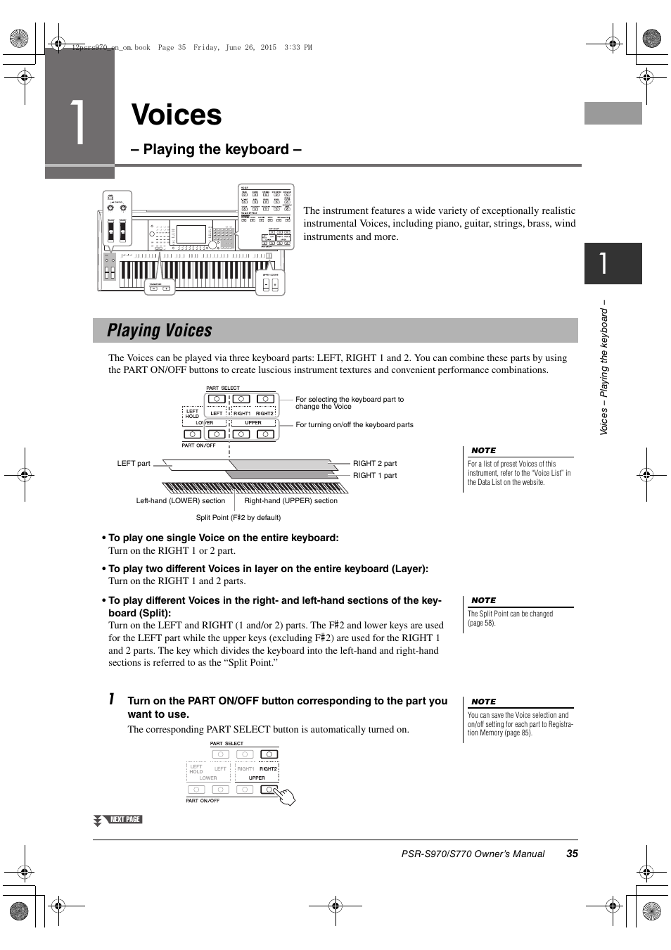 Voices – playing the keyboard, Playing voices, Voices | Playing the keyboard | Yamaha PSR-S770 User Manual | Page 35 / 118