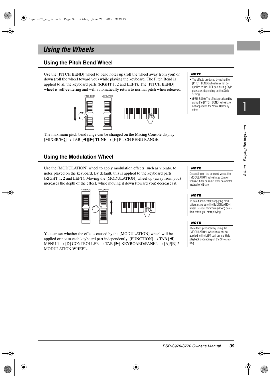 Using the wheels, Using the pitch bend wheel, Using the modulation wheel | Yamaha PSR-S770 User Manual | Page 39 / 118