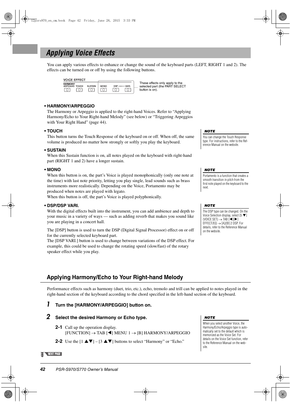 Applying voice effects, Applying harmony/echo to your right-hand melody | Yamaha PSR-S770 User Manual | Page 42 / 118