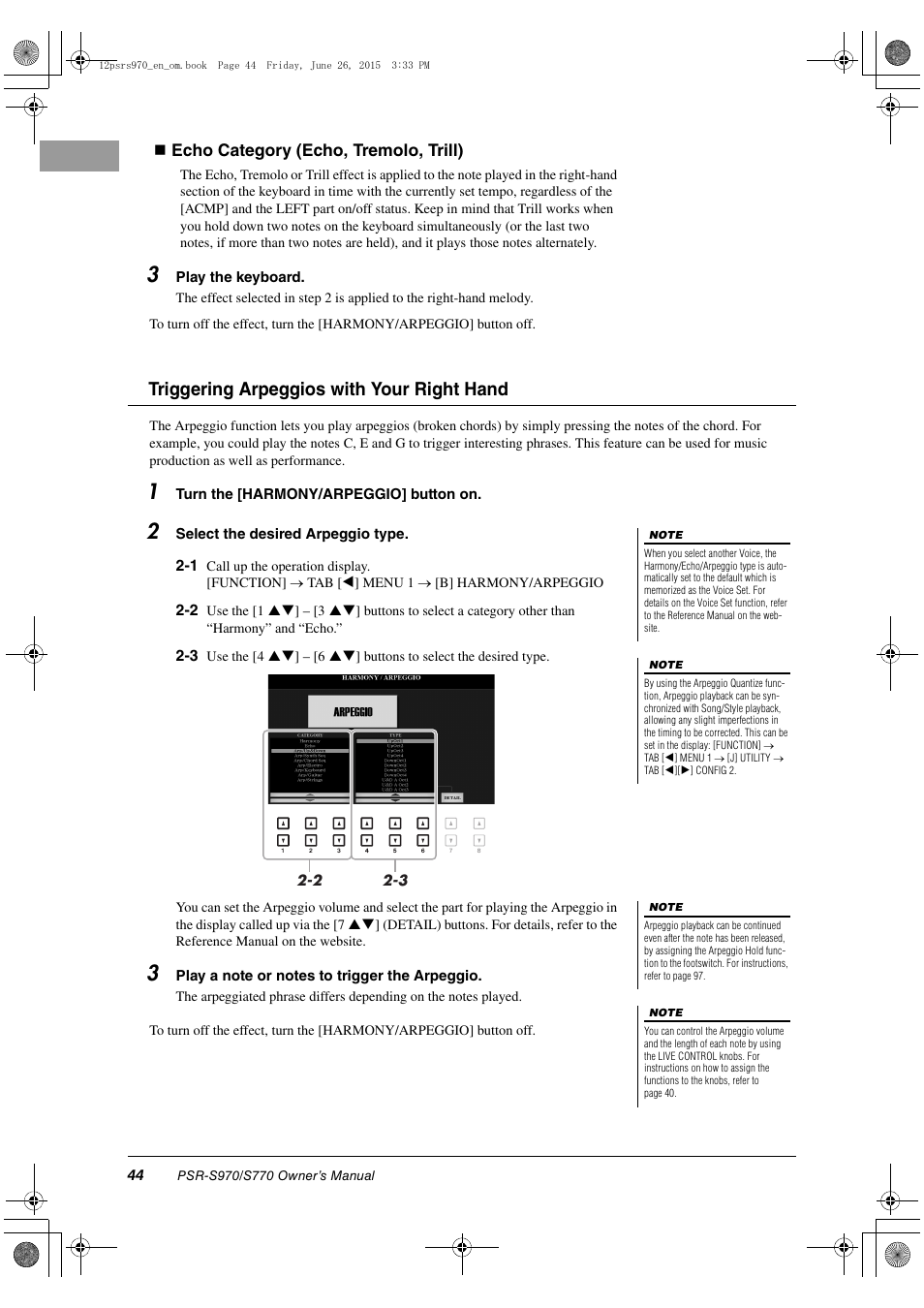 Triggering arpeggios with your right hand, Echo category (echo, tremolo, trill) | Yamaha PSR-S770 User Manual | Page 44 / 118