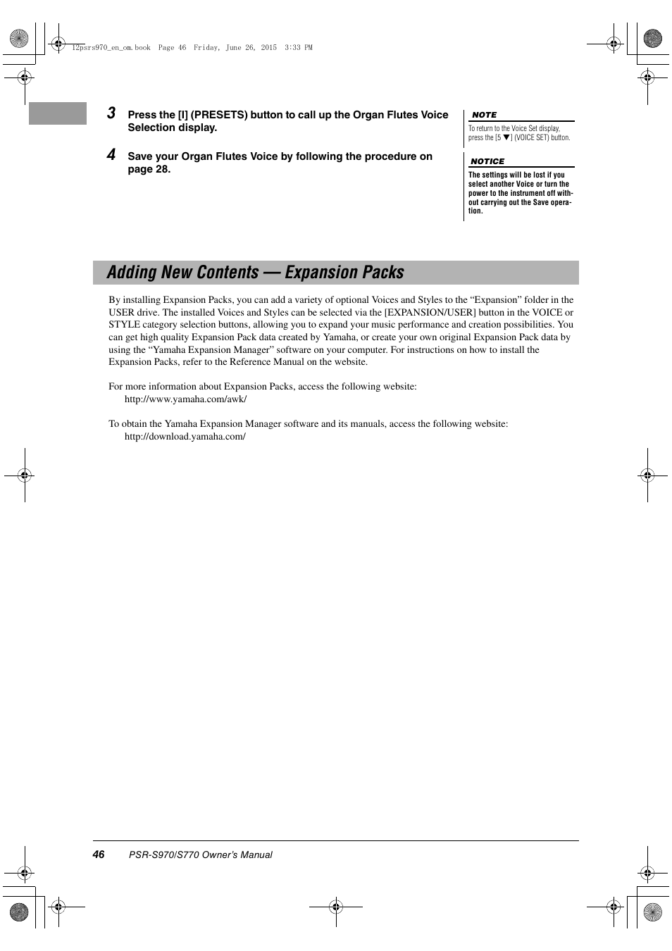 Adding new contents — expansion packs | Yamaha PSR-S770 User Manual | Page 46 / 118