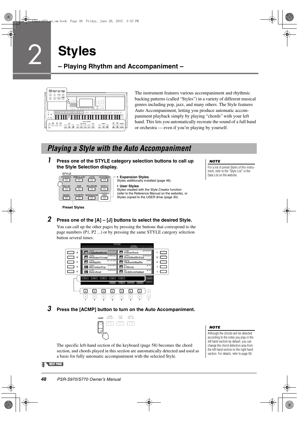 Styles – playing rhythm and accompaniment, Playing a style with the auto accompaniment, Styles | Yamaha PSR-S770 User Manual | Page 48 / 118