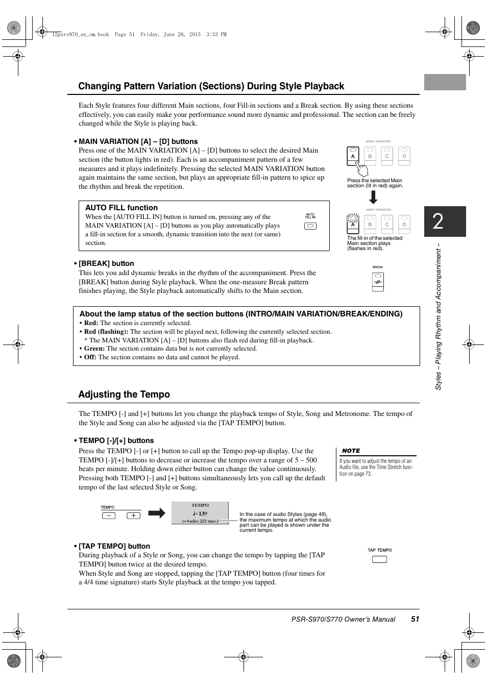 Adjusting the tempo | Yamaha PSR-S770 User Manual | Page 51 / 118
