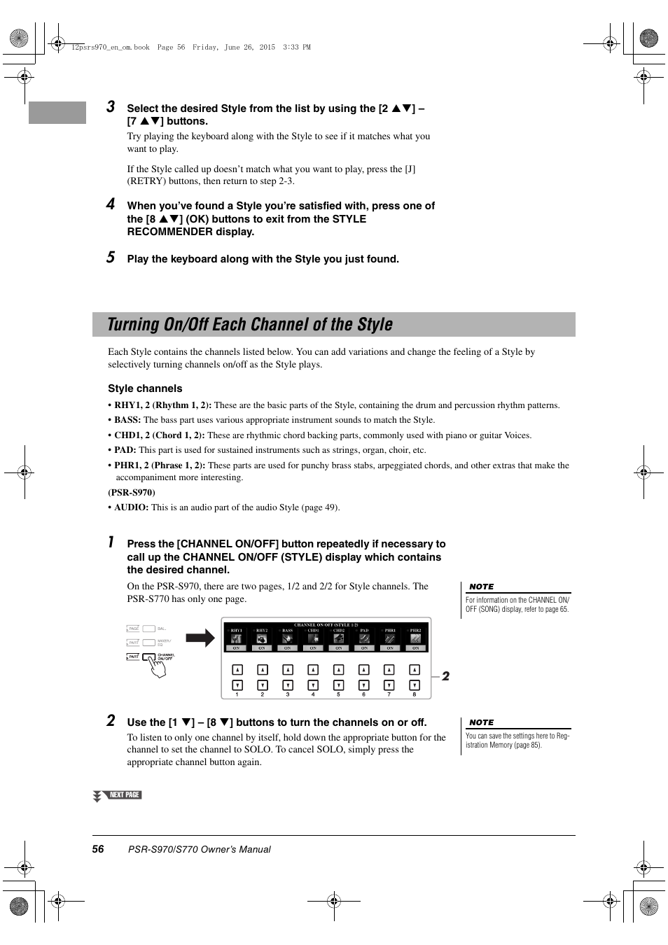 Turning on/off each channel of the style | Yamaha PSR-S770 User Manual | Page 56 / 118