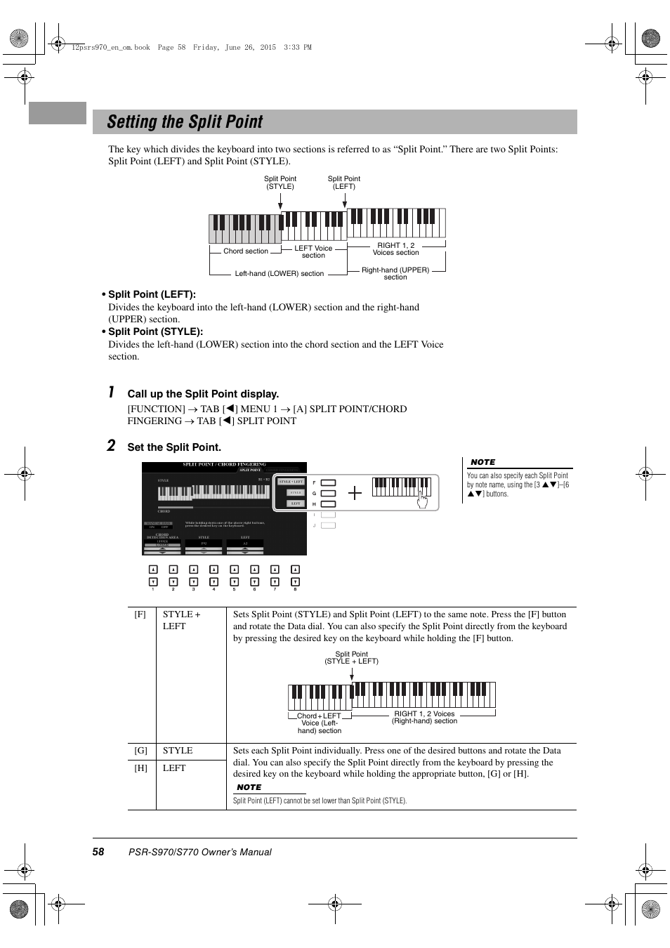 Setting the split point | Yamaha PSR-S770 User Manual | Page 58 / 118