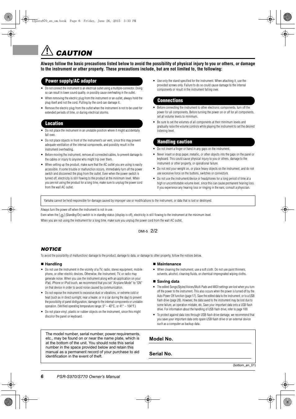 Caution, Model no. serial no, Notice | Yamaha PSR-S770 User Manual | Page 6 / 118