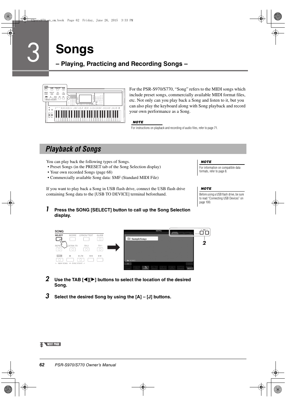 Songs – playing, practicing and recording songs, Playback of songs, Songs | Yamaha PSR-S770 User Manual | Page 62 / 118