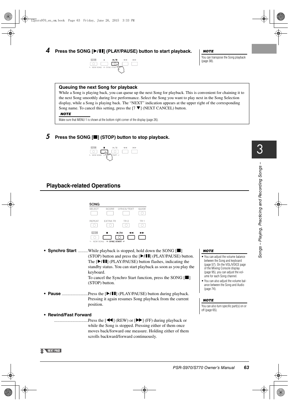 Playback-related operations | Yamaha PSR-S770 User Manual | Page 63 / 118