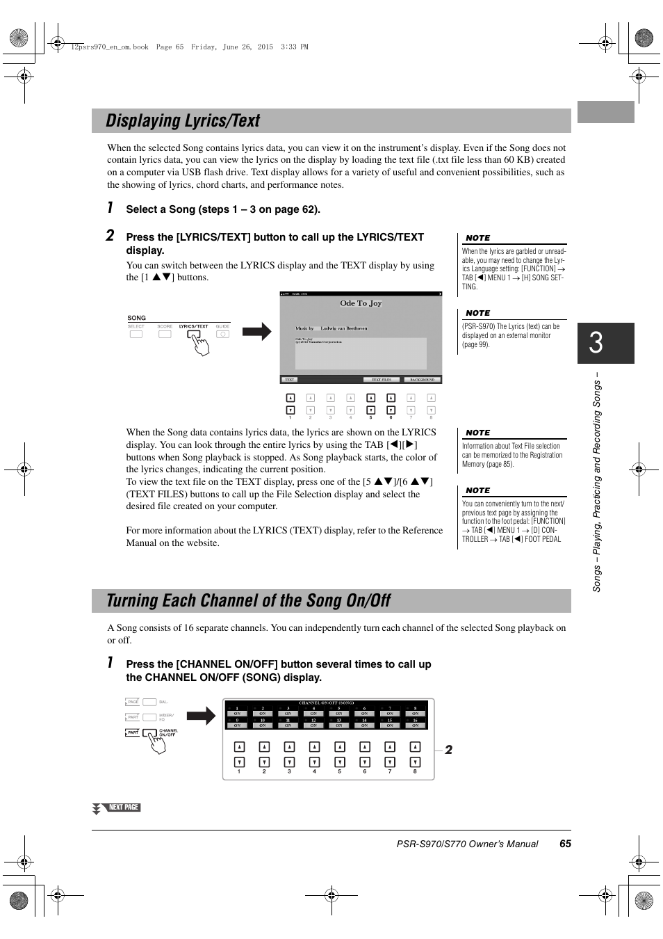 Displaying lyrics/text, Turning each channel of the song on/off, 65) among | Yamaha PSR-S770 User Manual | Page 65 / 118