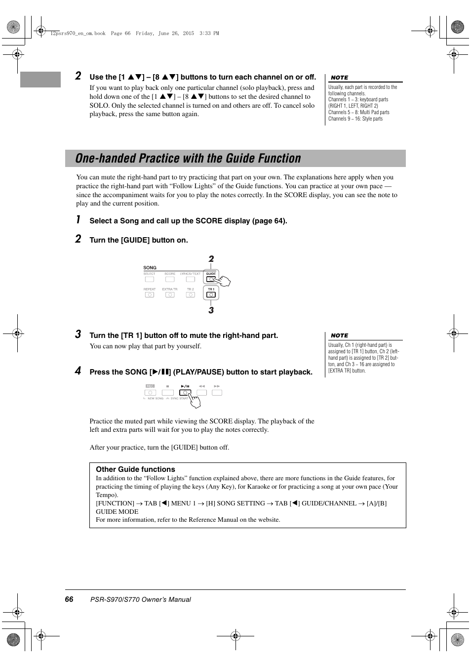 One-handed practice with the guide function | Yamaha PSR-S770 User Manual | Page 66 / 118
