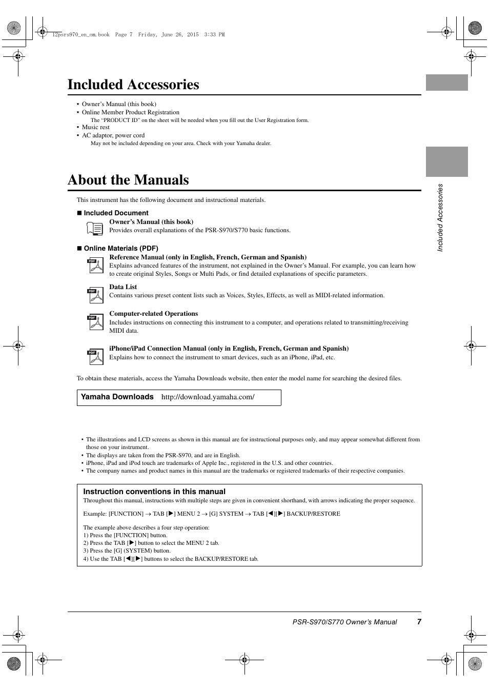 Included accessories, About the manuals | Yamaha PSR-S770 User Manual | Page 7 / 118