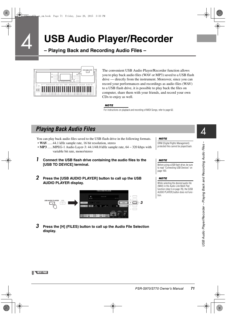 Playing back audio files, Usb audio player/recorder, Playing back and recording audio files | Yamaha PSR-S770 User Manual | Page 71 / 118