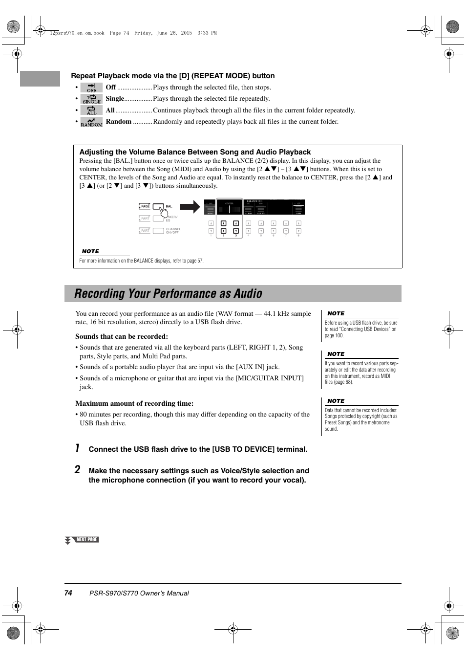 Recording your performance as audio | Yamaha PSR-S770 User Manual | Page 74 / 118