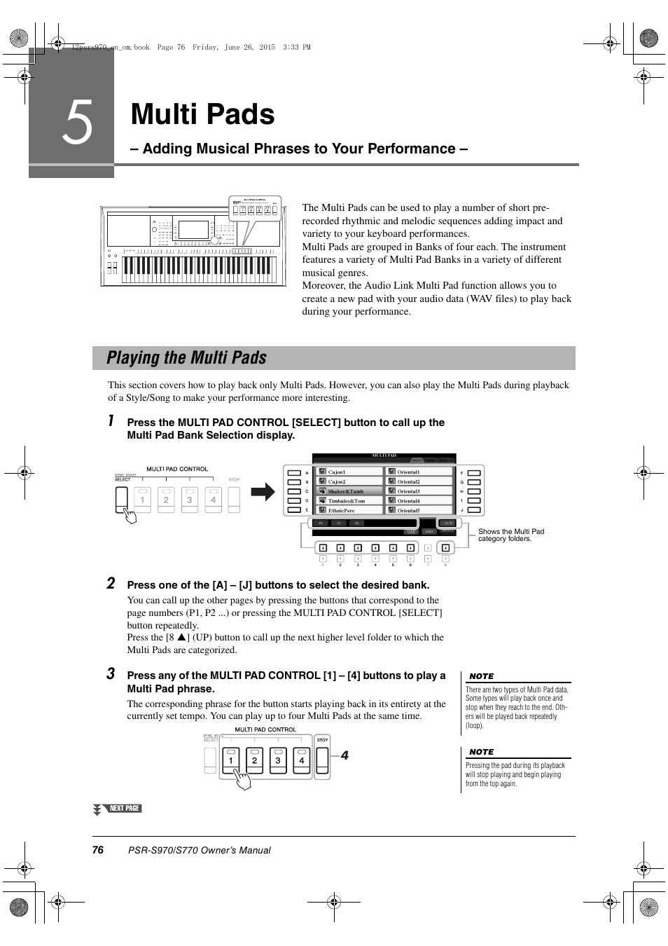 Playing the multi pads, Multi pads | Yamaha PSR-S770 User Manual | Page 76 / 118