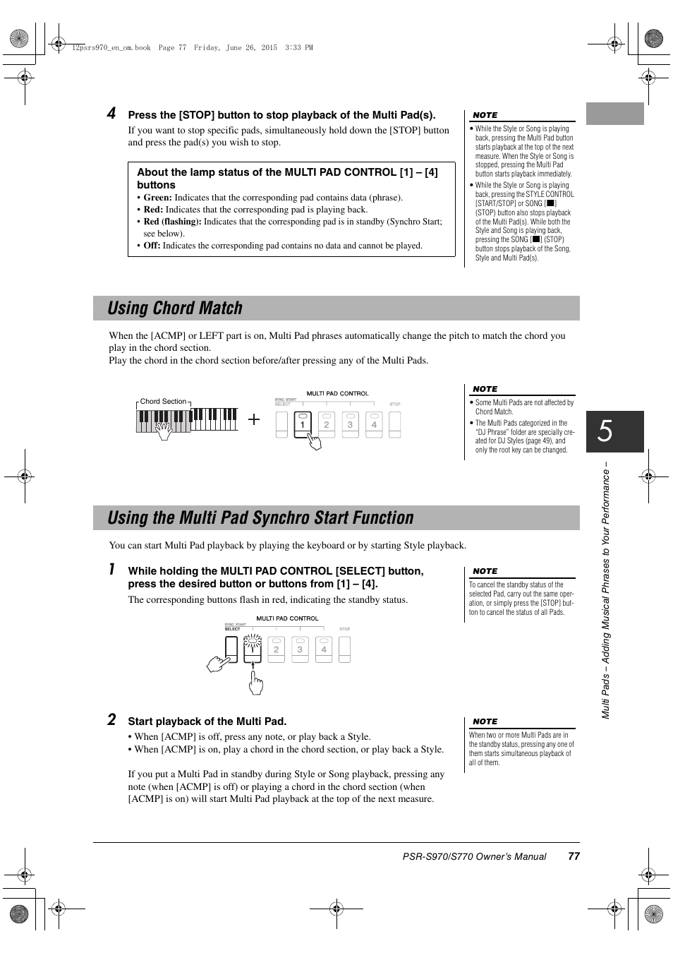Using chord match, Using the multi pad synchro start function | Yamaha PSR-S770 User Manual | Page 77 / 118