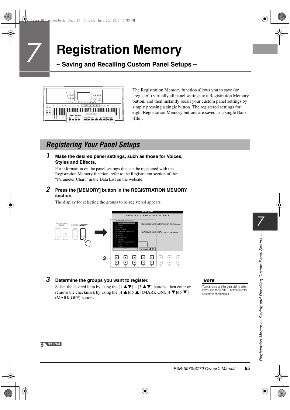 Registering your panel setups | Yamaha PSR-S770 User Manual | Page 85 / 118