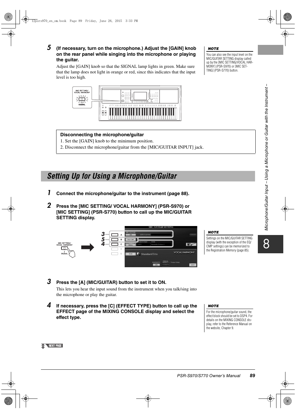 Setting up for using a microphone/guitar | Yamaha PSR-S770 User Manual | Page 89 / 118