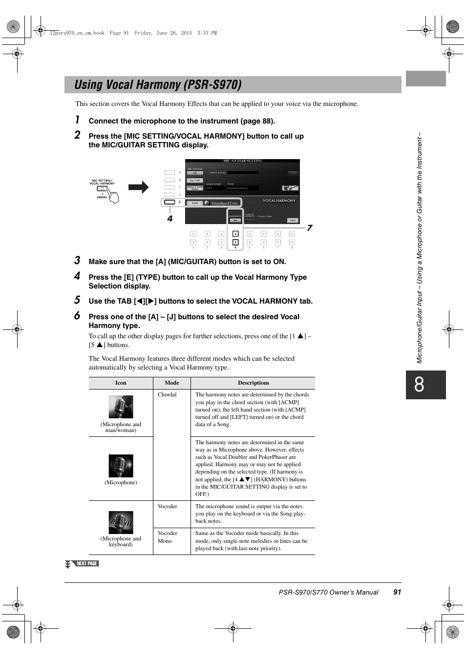 Using vocal harmony (psr-s970) | Yamaha PSR-S770 User Manual | Page 91 / 118