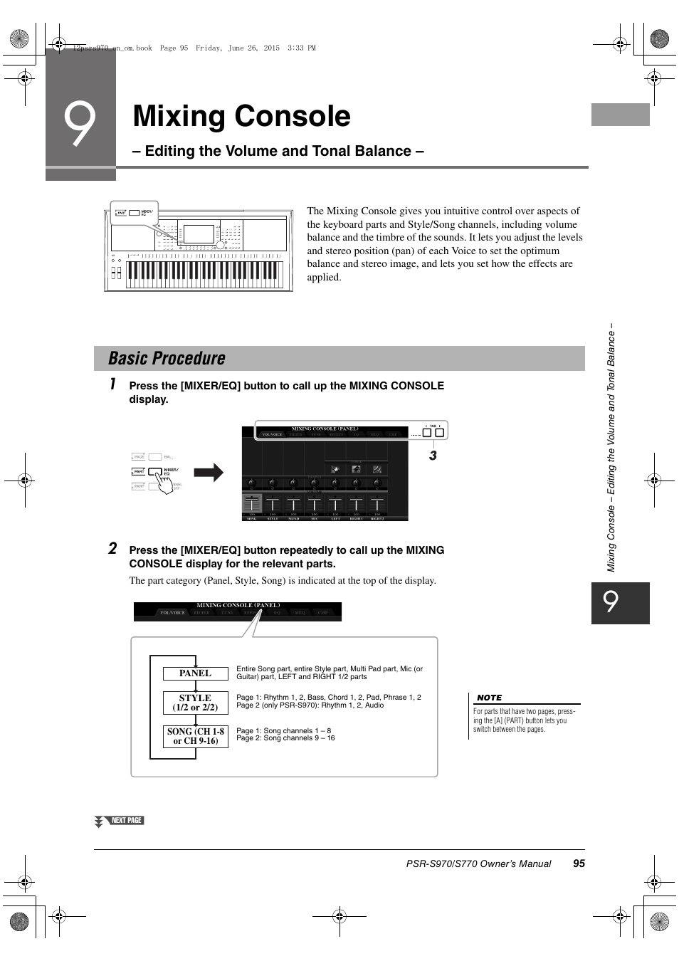 Basic procedure, Mixing console, Editing the volume and tonal balance | Yamaha PSR-S770 User Manual | Page 95 / 118