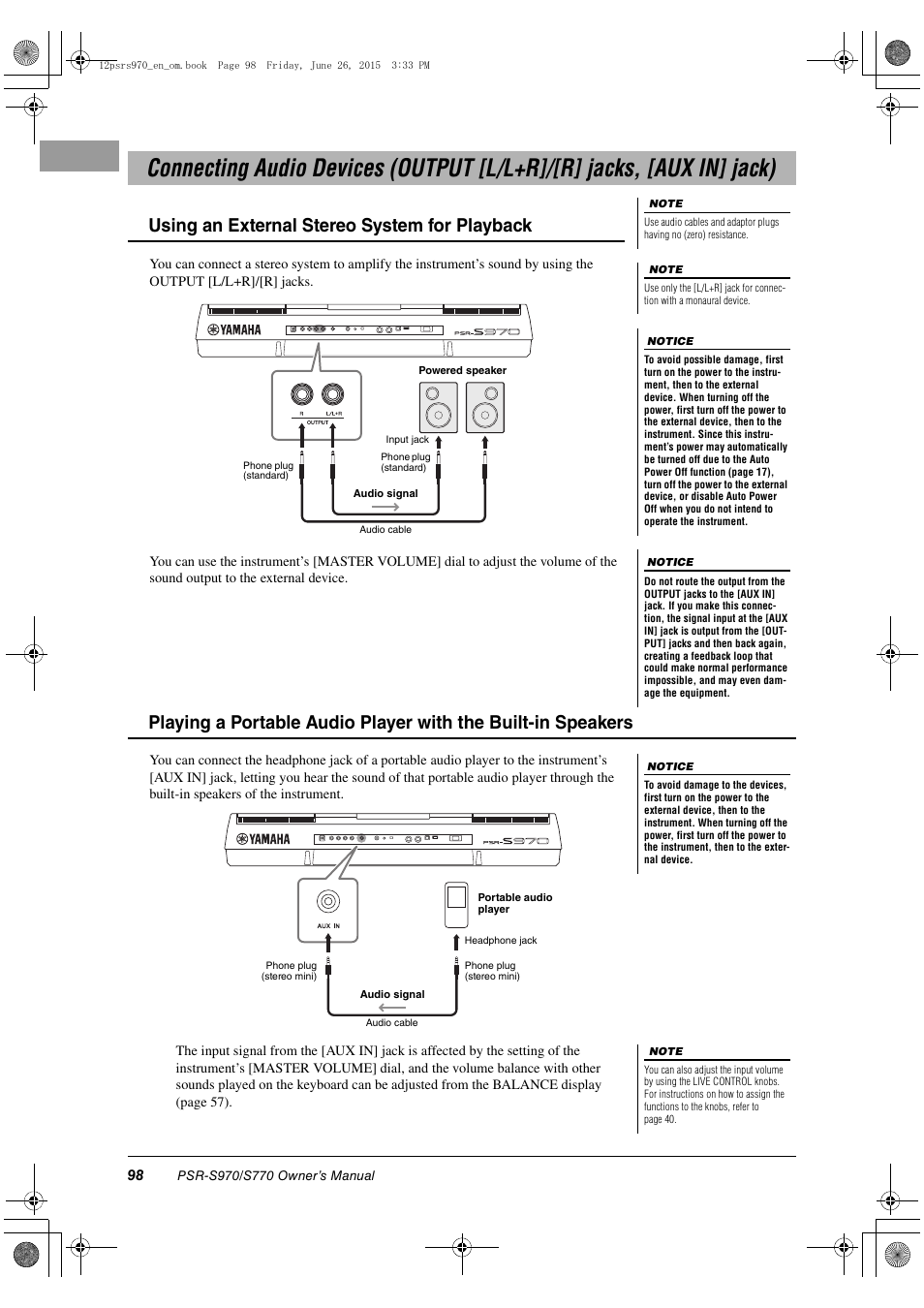 Using an external stereo system for playback | Yamaha PSR-S770 User Manual | Page 98 / 118