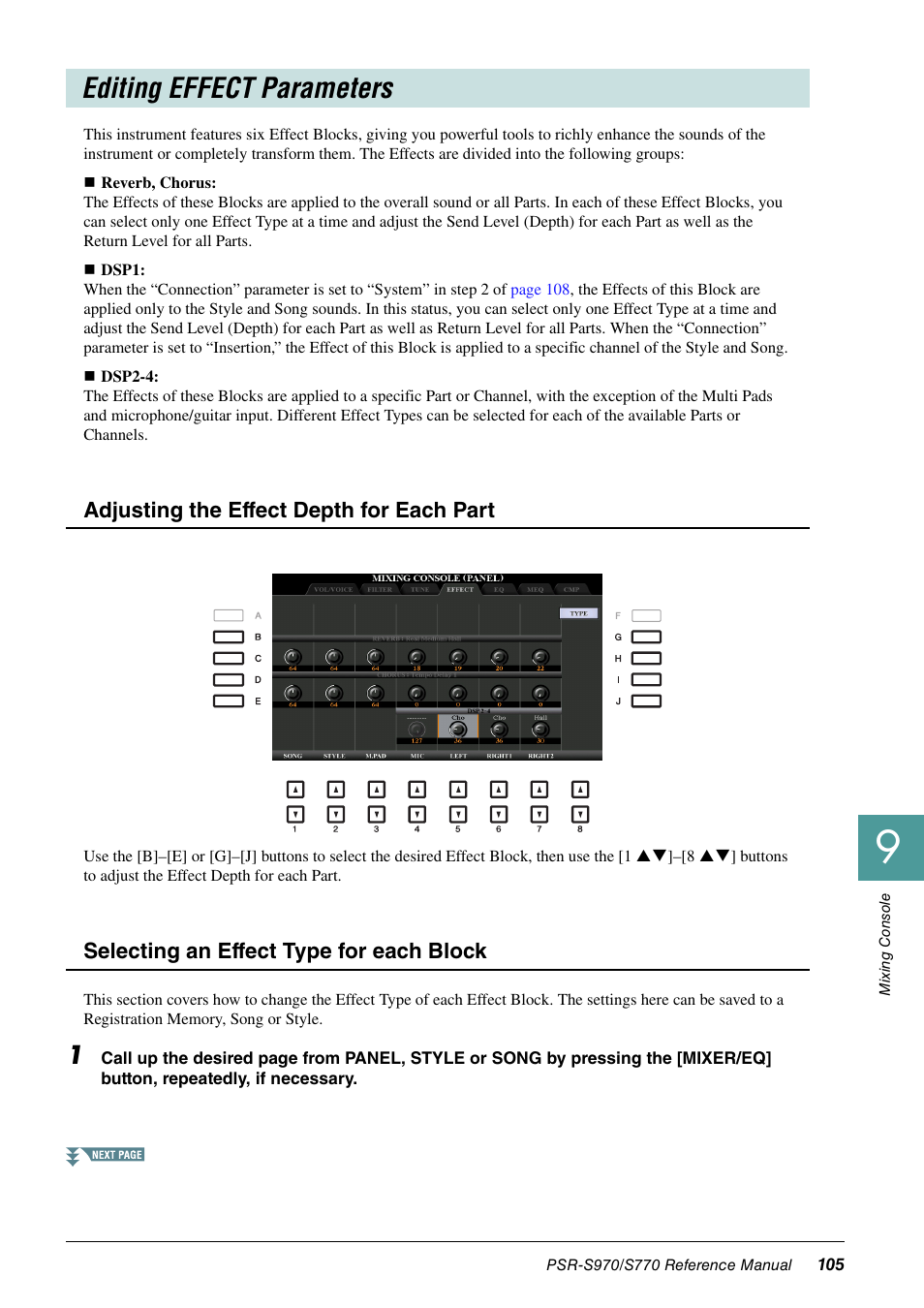 Editing effect parameters, Adjusting the effect depth for each part, Selecting an effect type for each block | Yamaha PSR-S770 User Manual | Page 105 / 134