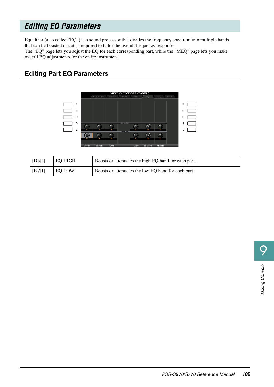 Editing eq parameters, Editing part eq parameters | Yamaha PSR-S770 User Manual | Page 109 / 134